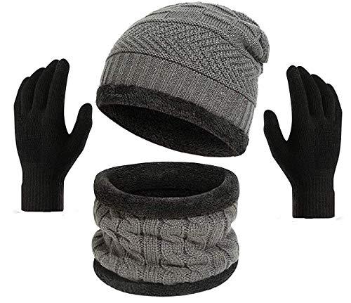gajraj winter knit beanie cap hat neck warmer scarf and woolen gloves set for men & women (3 piece) (grey)