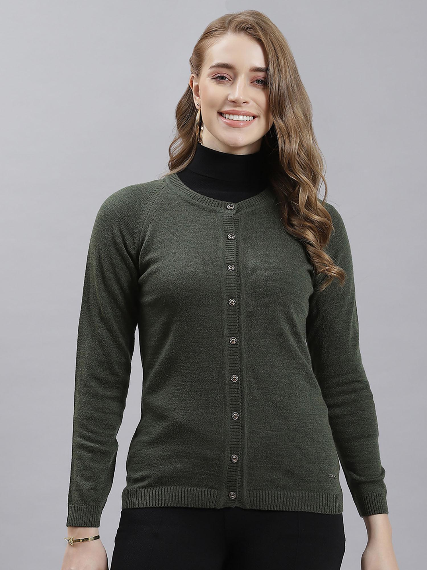 galactic green solid round neck cardigan