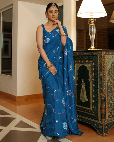 galaxy blue handpainted silk saree