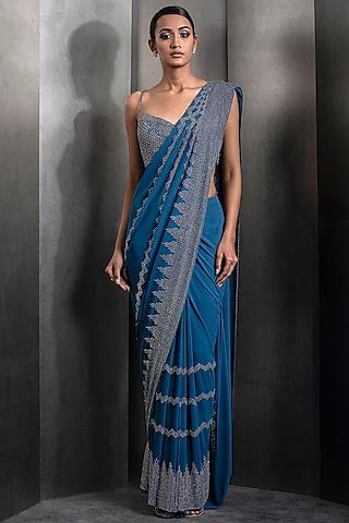 galaxy blue silk georgette embroidered pre-stitched saree set