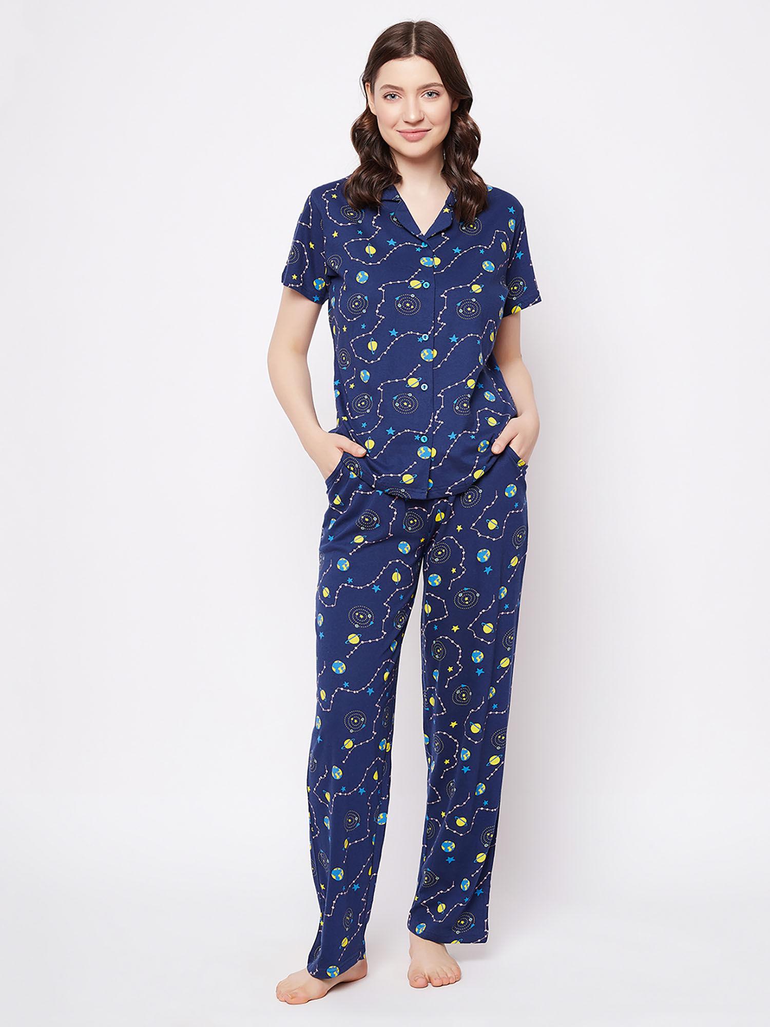 galaxy print button down shirt & pyjama navy - 100% cotton (set of 2)