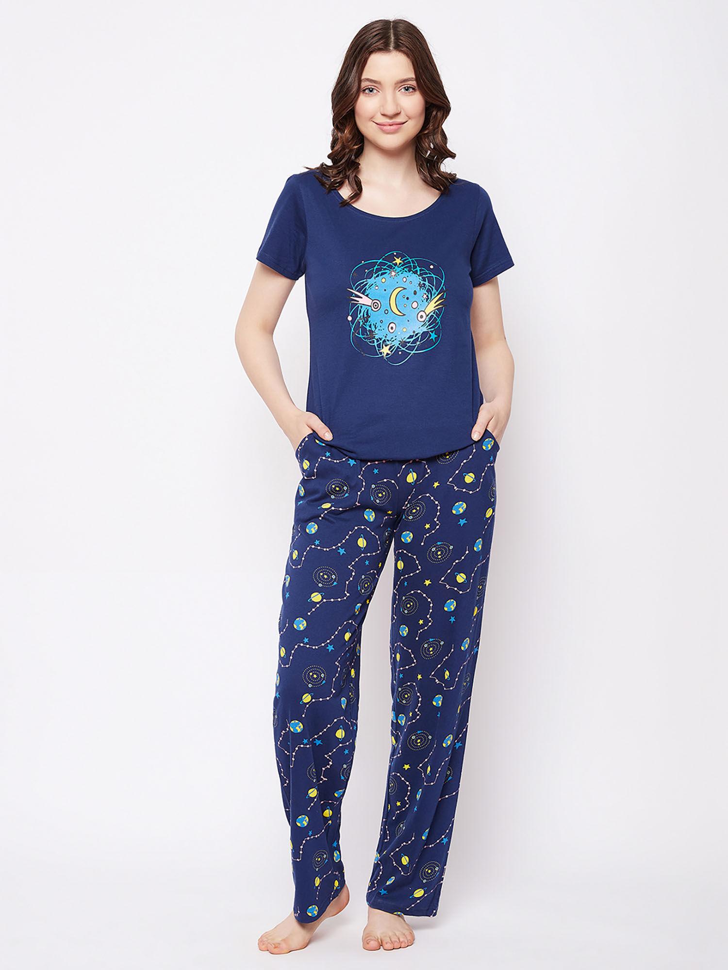 galaxy print top & pyjama navy - 100% cotton (set of 2)