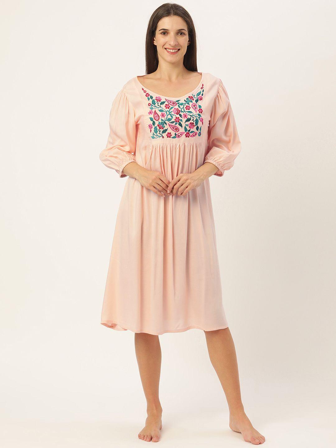 galypso peach embroidered nightdress with puff sleeves