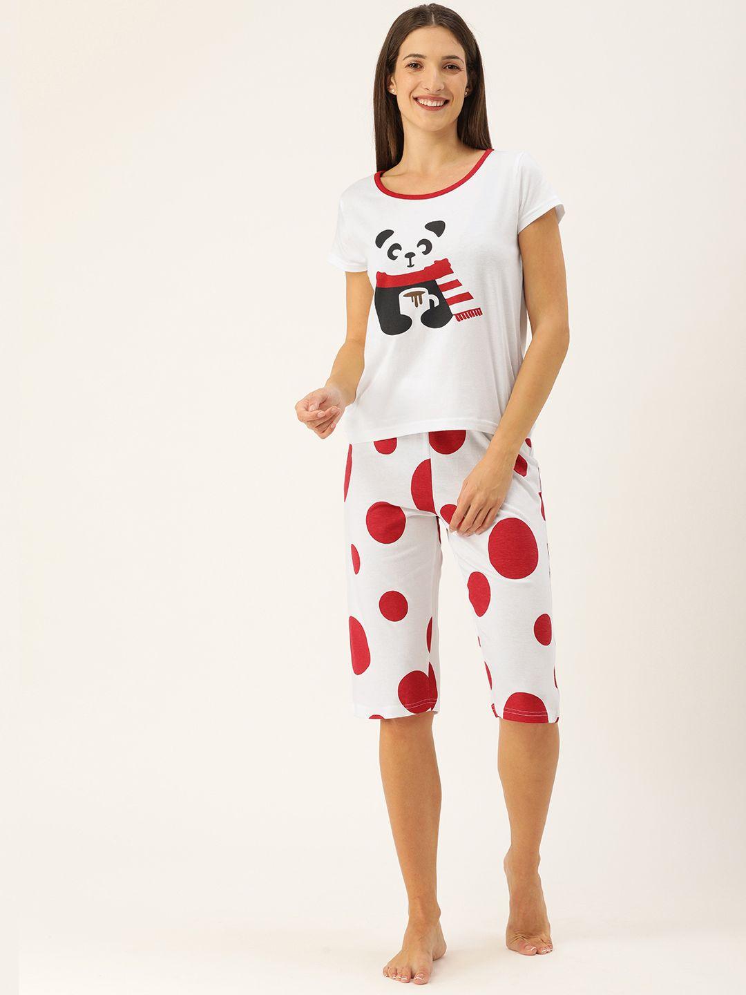 galypso women white & red polka dot printed night suit