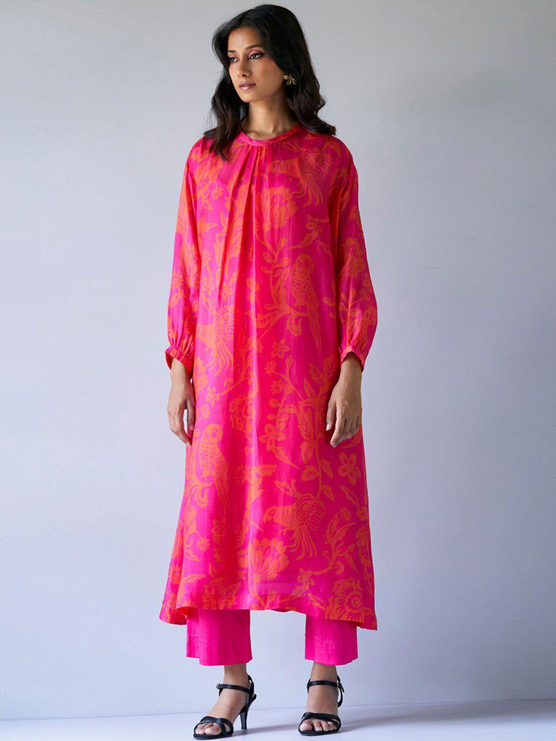 ganga floral printed puff sleeves a-line kurta with trousers