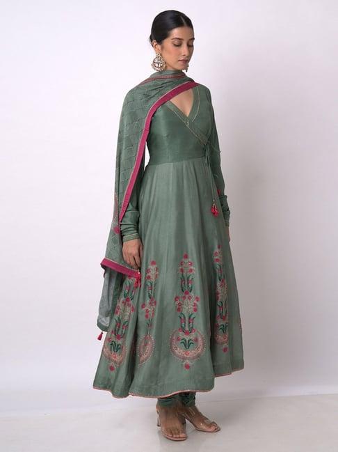 ganga fashions aspen green raw silk anarkali with salwar and dupatta