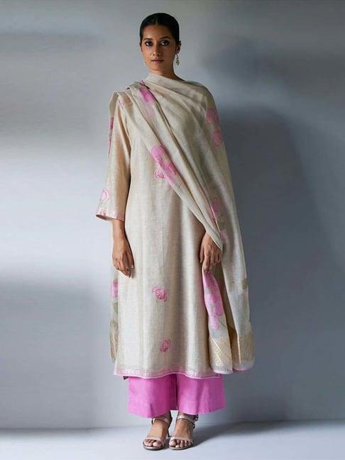 ganga fashions beige & pink saadagi woven kurta with pant and dupatta