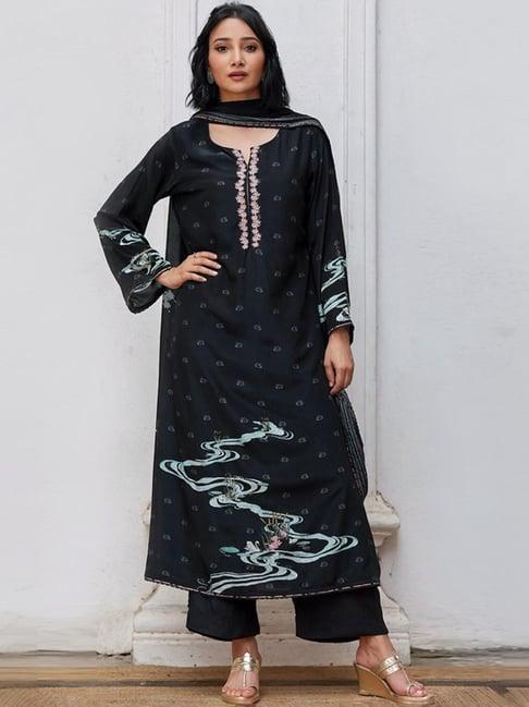ganga fashions black bemberg silk salwar suit with chinon silk dupatta