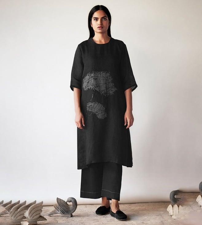 ganga fashions black hand printed linen kurta with pant co-ords set