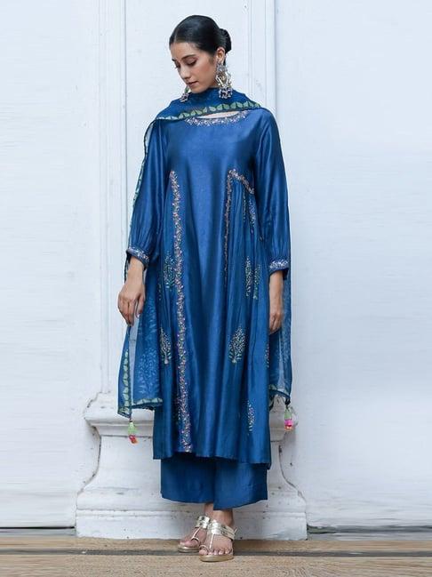 ganga fashions blue raw silk kurta with salwar and organza dupatta