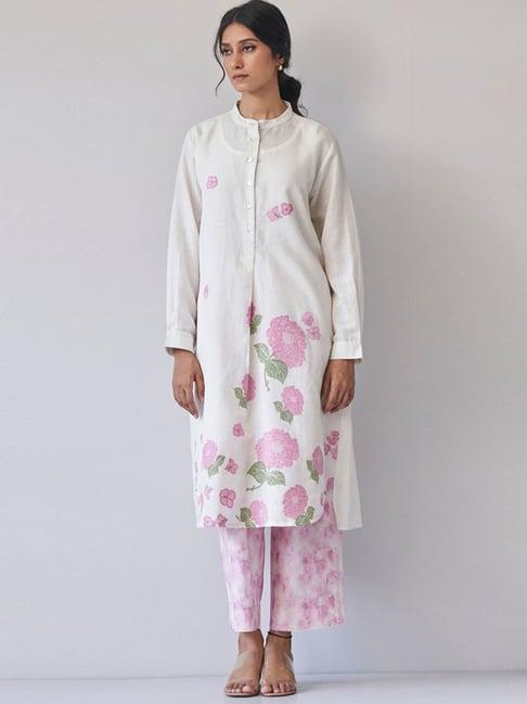 ganga fashions cream woven flower cotton linen co-ord set