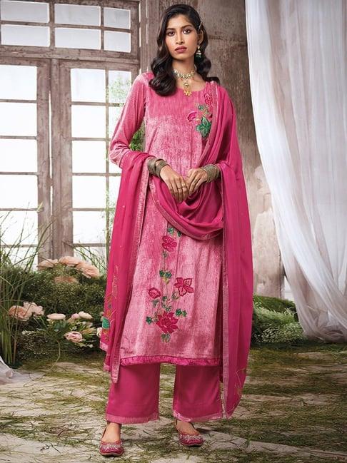 ganga fashions fuchsia pink & beige silk velvet kurta with salwar and dupatta