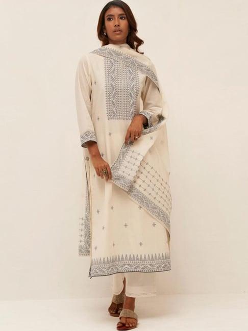 ganga fashions gardenia cream dhoop woven cotton kurta with salwar and dupatta with hand embellishment