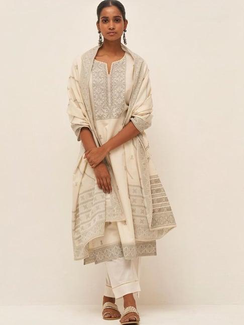 ganga fashions gardenia cream dhoop woven cotton kurta with salwar and dupatta with hand embellishment