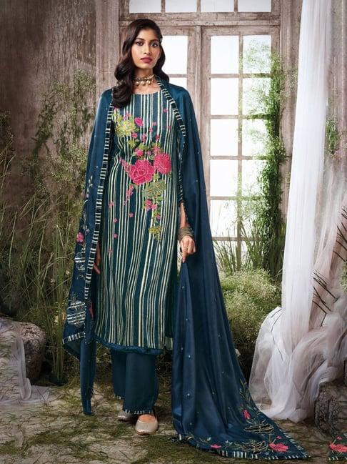 ganga fashions navy blue & light grey silk velvet kurta with salwar and dupatta