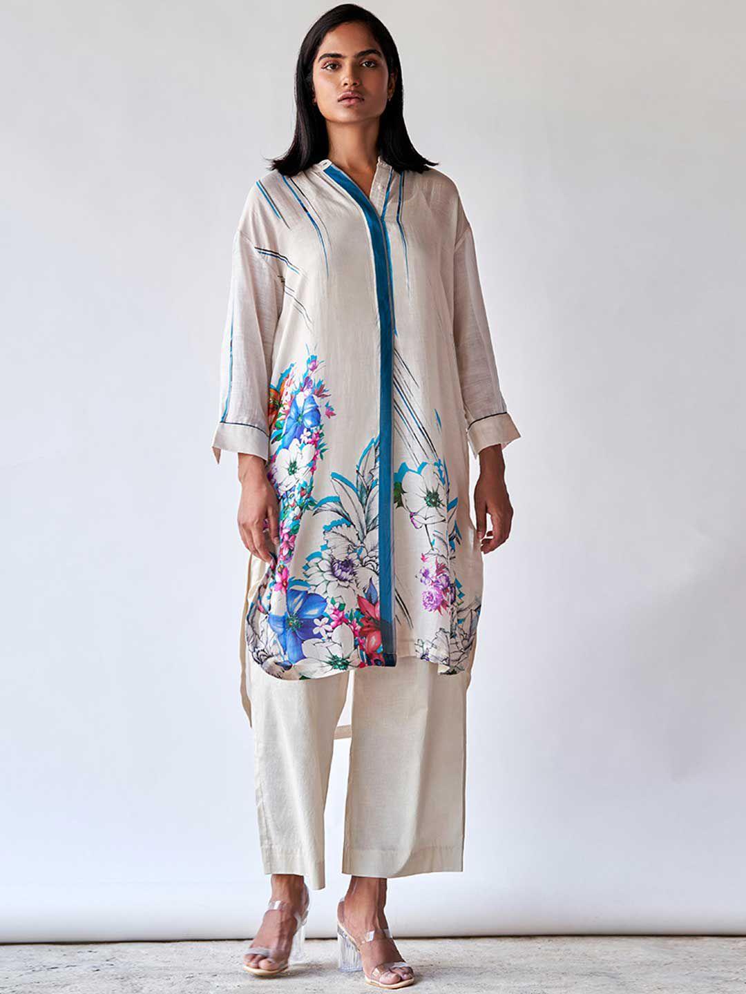 ganga floral printed band collar raw silk straight kurta with palazzo