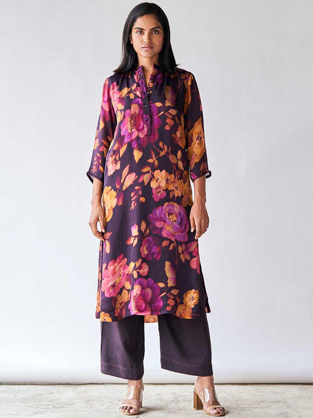 ganga floral printed band collar raw silk straight kurta with palazzo