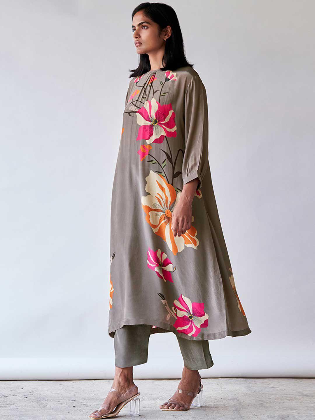 ganga floral printed cuffed sleeves raw silk a-line kurta with palazzo