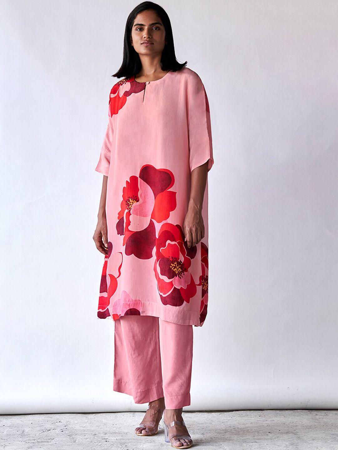 ganga floral printed keyhole neck silk crepe a-line kurta with palazzo