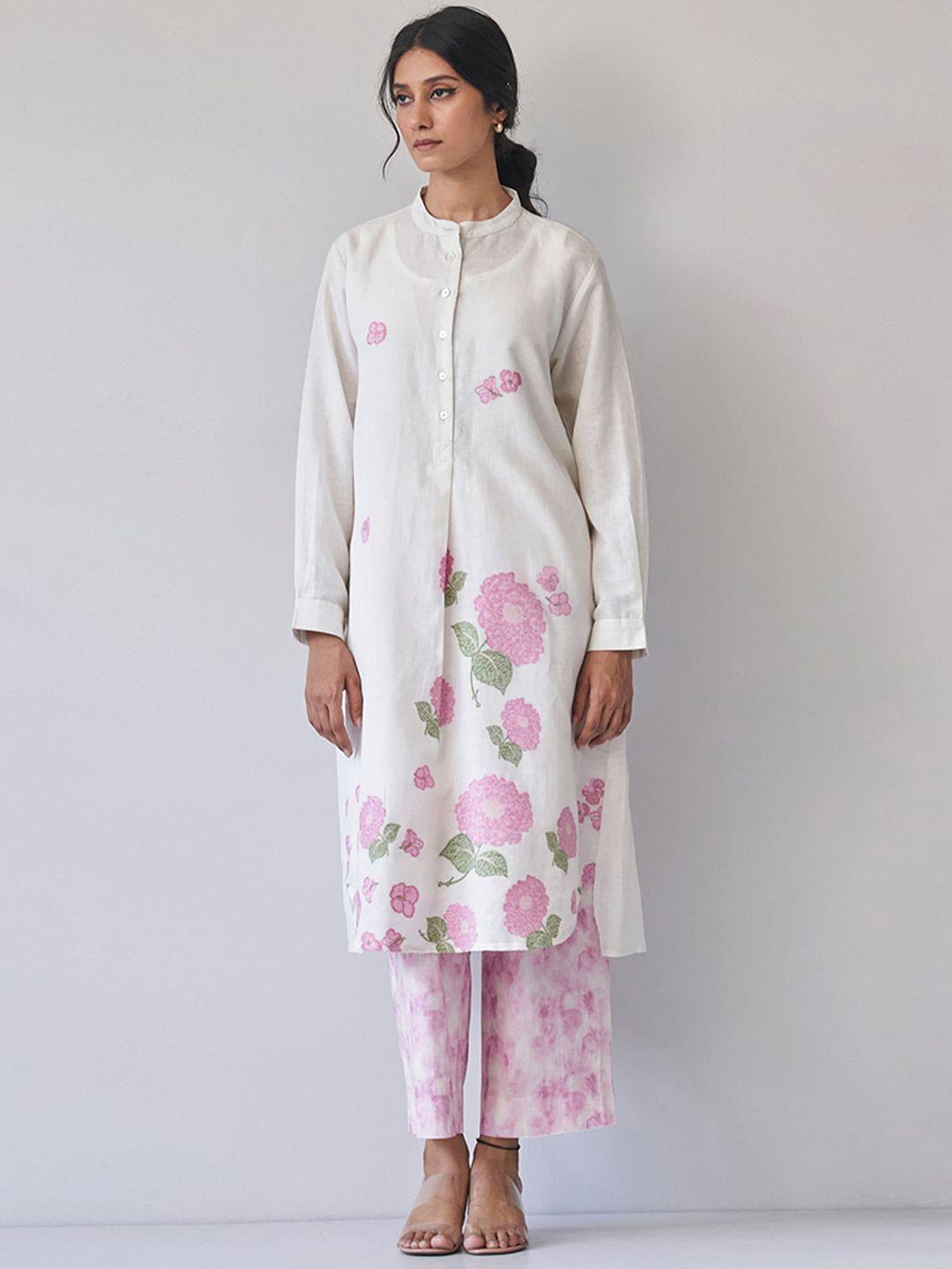 ganga floral printed mandarin collar long sleeves pure cotton straight kurta & palazzos