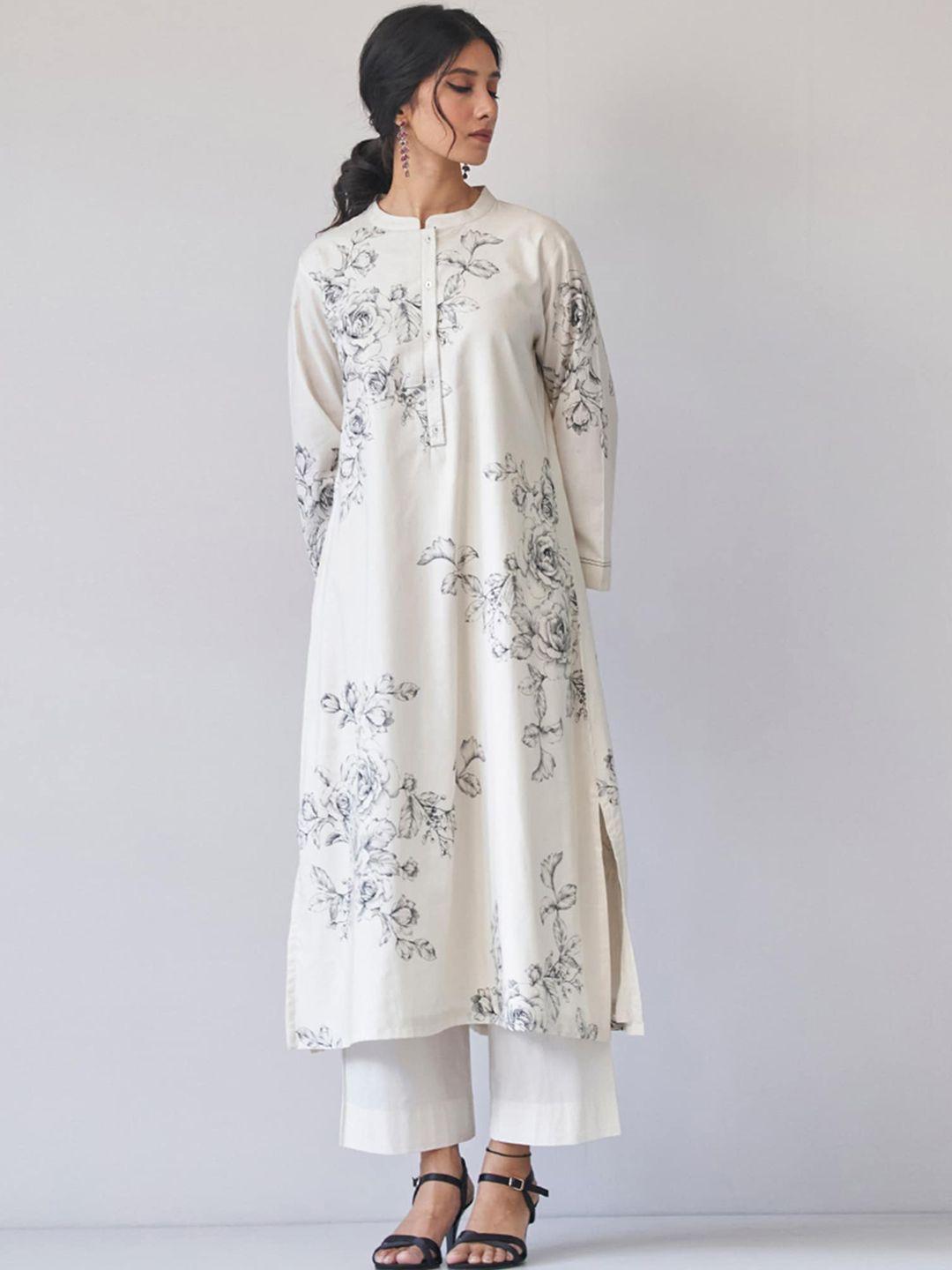 ganga floral printed mandarin collar pure cotton straight kurta with palazzos & dupatta