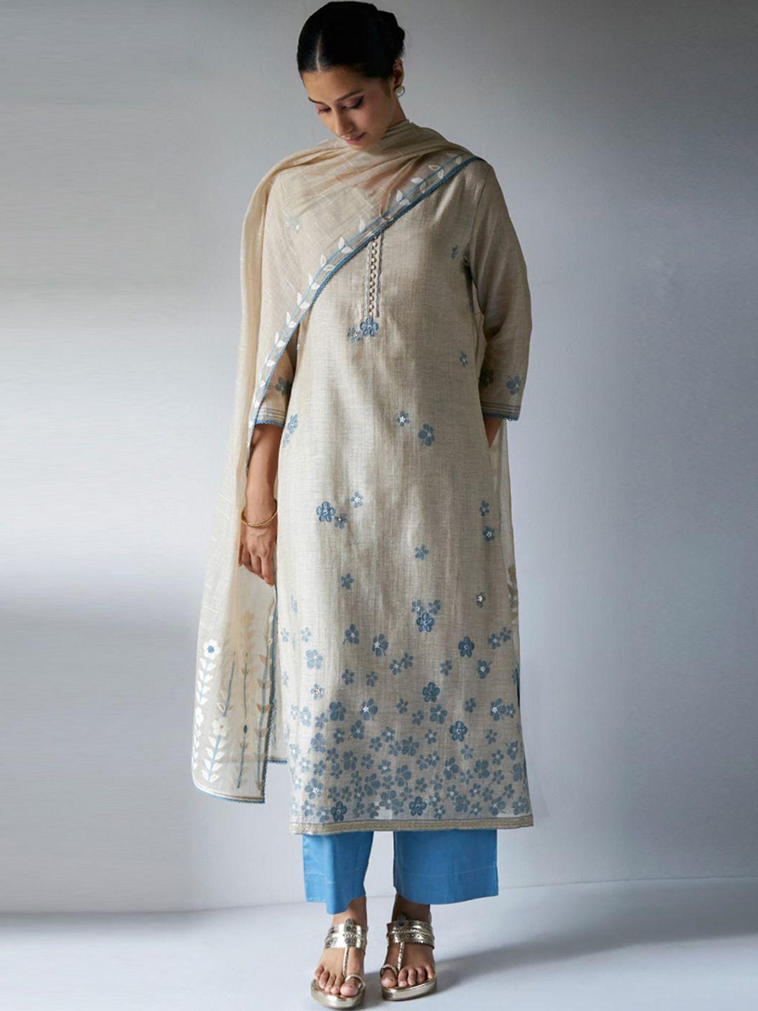 ganga floral printed thread work chanderi cotton kurta with palazzos & dupatta