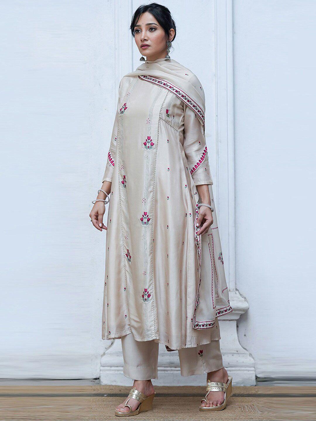 ganga round neck long sleeves floral embroidered kurta with palazzos & dupatta