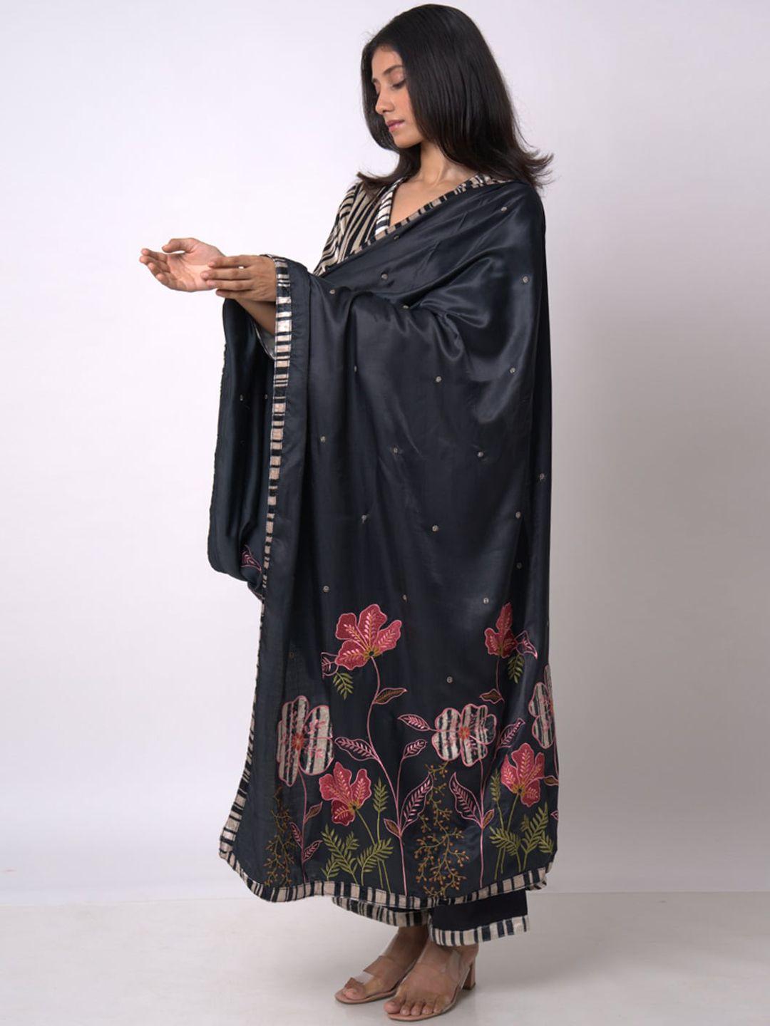 ganga women floral regular raw silk kurta with palazzos & with dupatta