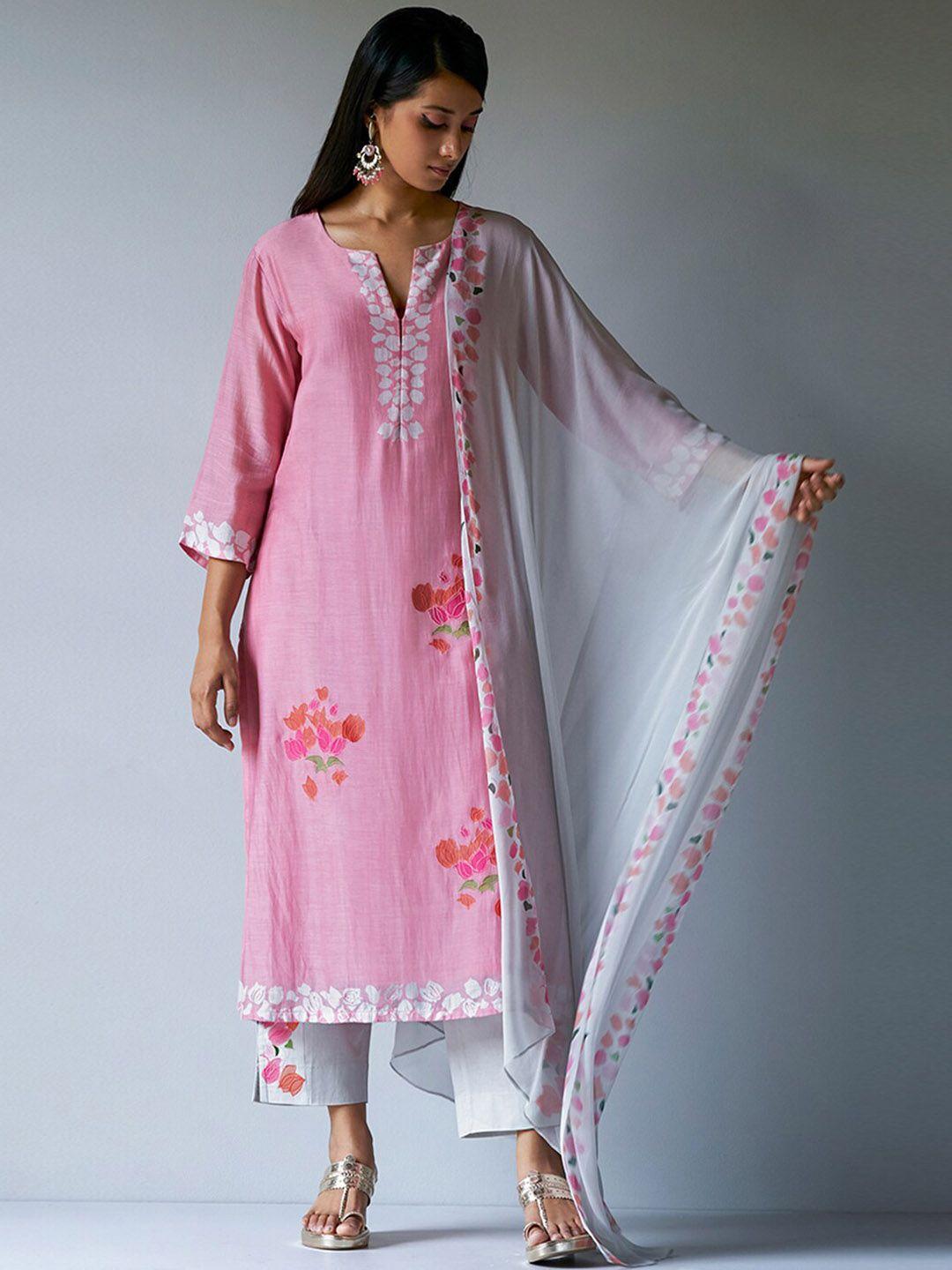 ganga women pink floral regular raw silk kurta with palazzos & with dupatta
