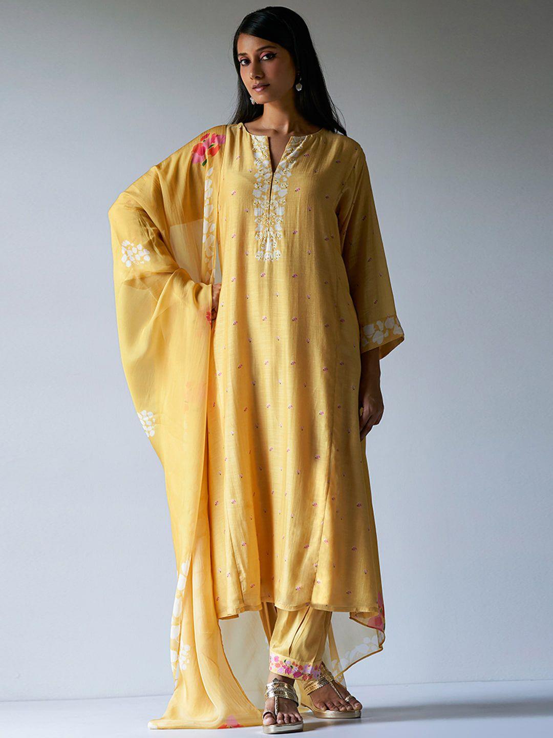 ganga women yellow floral printed regular raw silk kurta with salwar & with dupatta
