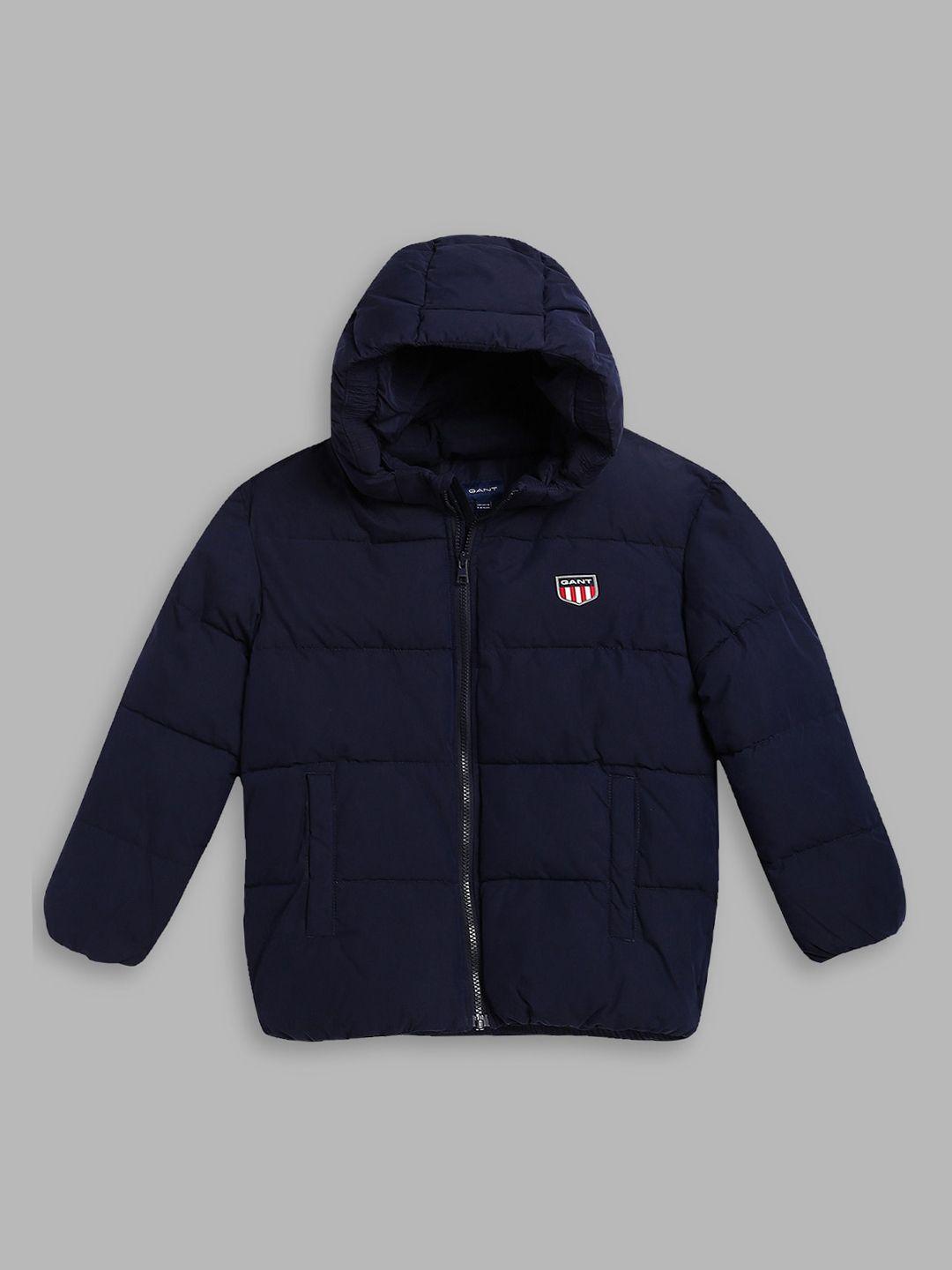gant boys navy blue crop quilted jacket with embroidered