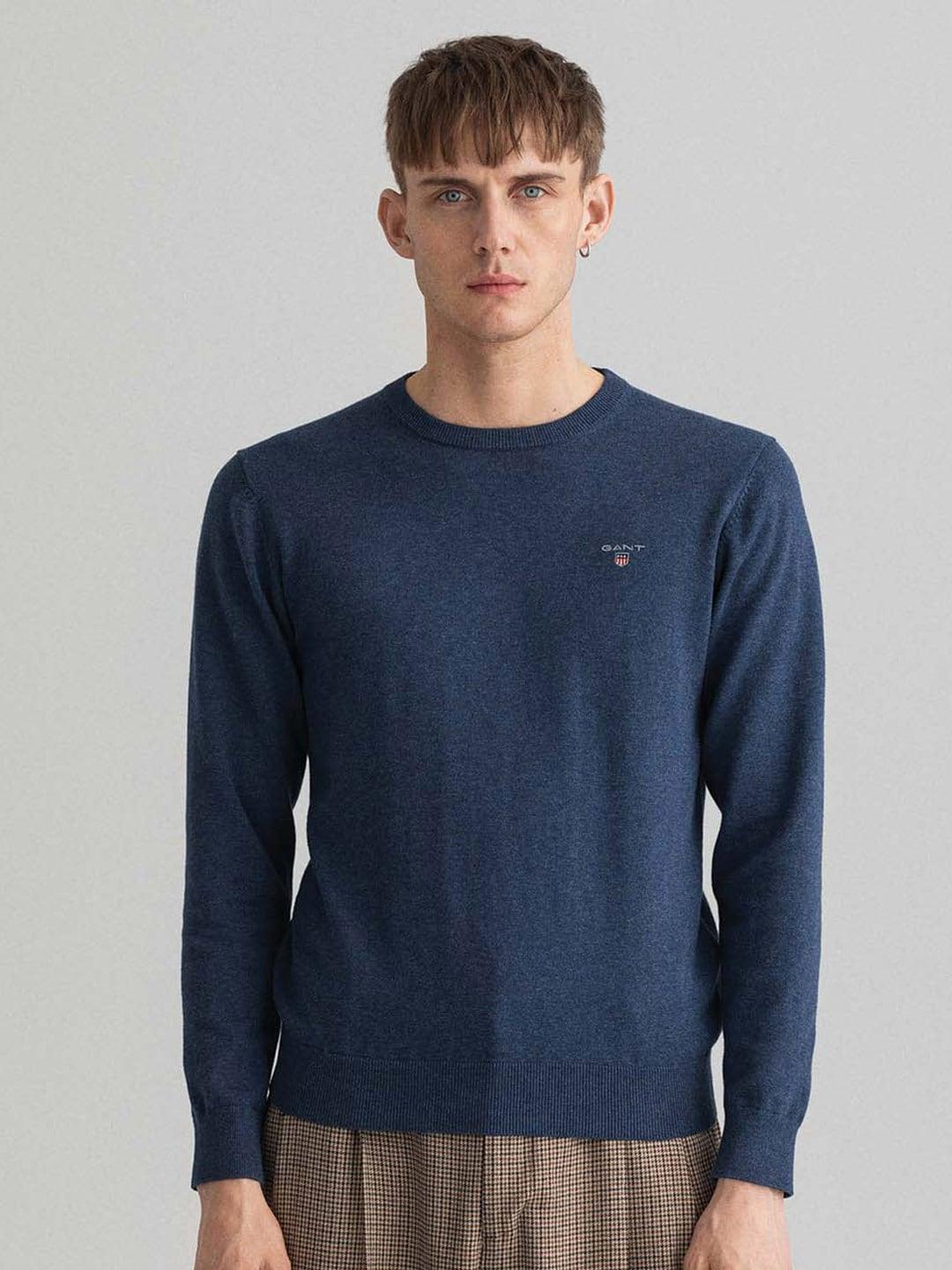gant men blue solid regular fit pullover sweater