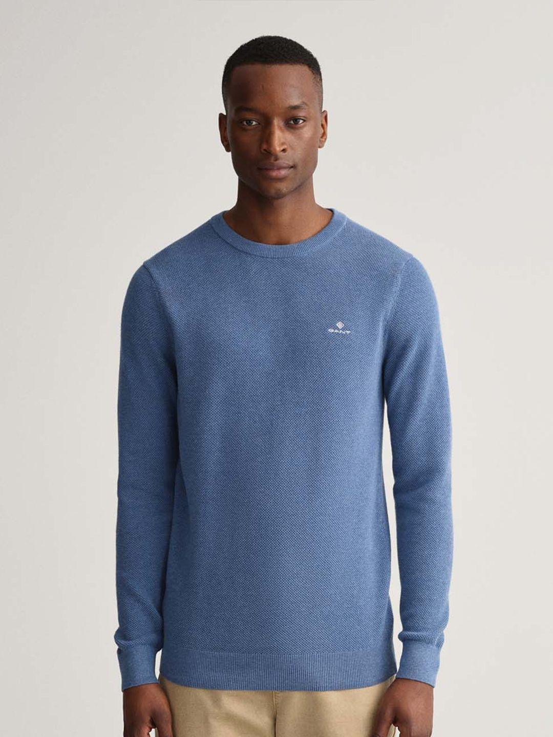 gant men blue solid regular fit pullover sweater