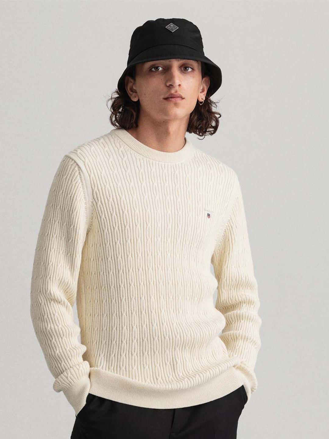 gant men cream-coloured solid regular fit cable knit long sleeves  pullover
