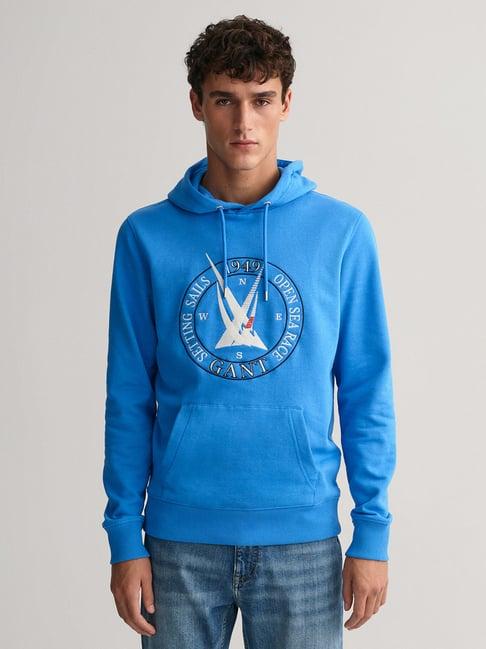 gant royal blue regular fit printed hooded sweatshirt