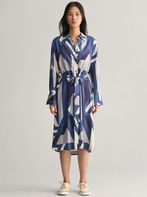 gant blue & cream abstract print shirt dress with belt