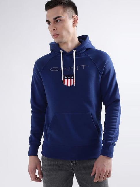 gant blue  regular fit printed hooded sweatshirt