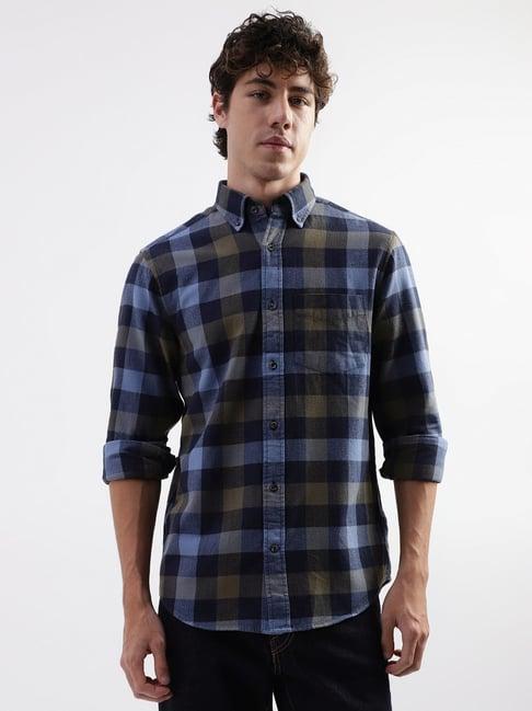 gant blue cotton regular fit checks shirt