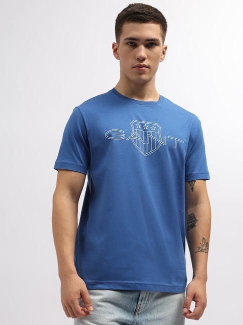 gant blue cotton regular fit logo printed t-shirt