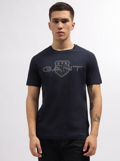 gant blue cotton regular fit logo printed t-shirt