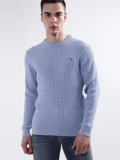 gant blue cotton regular fit self pattern sweater