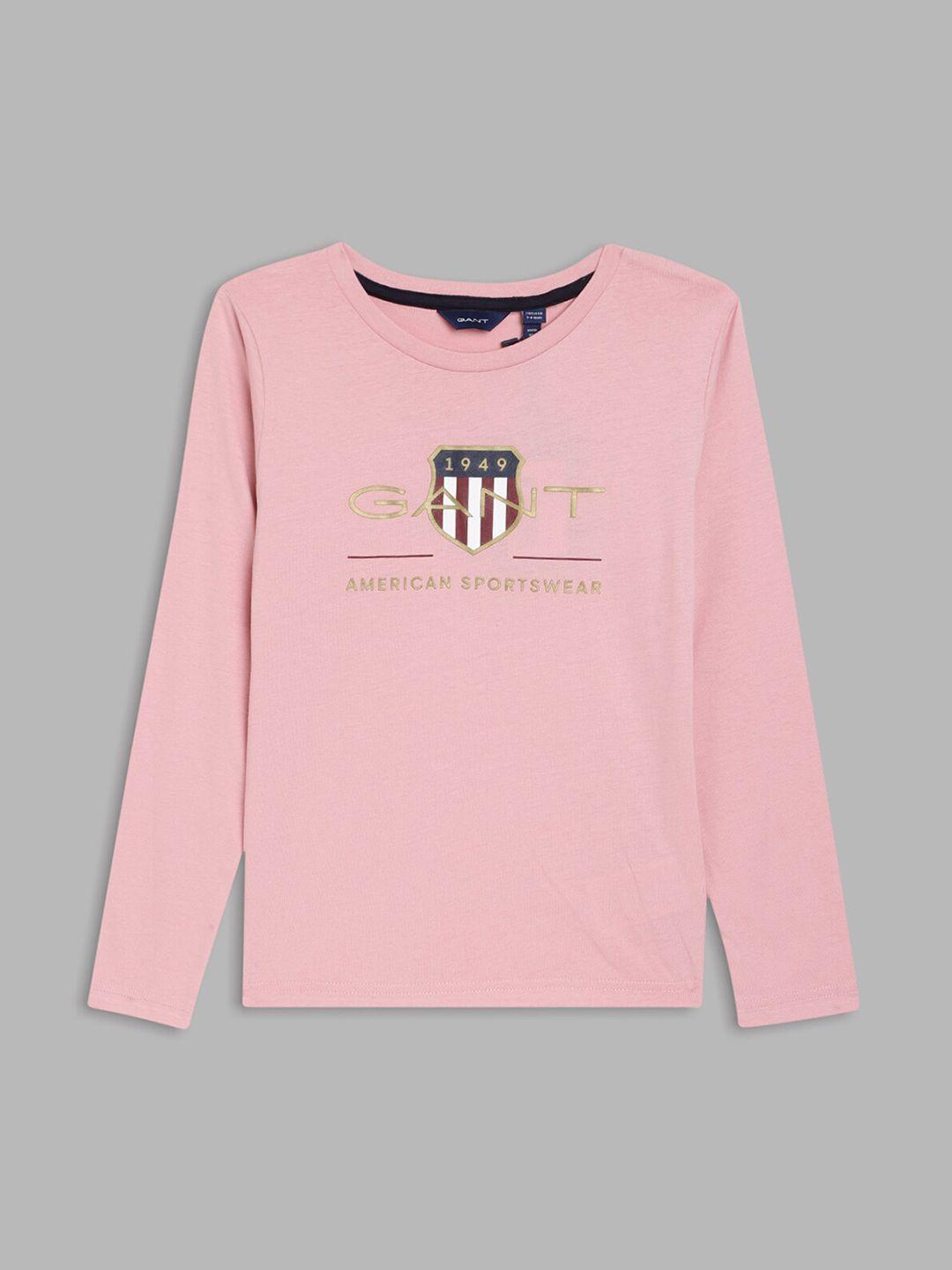 gant boys pink brand logo printed long sleeves cotton t-shirt