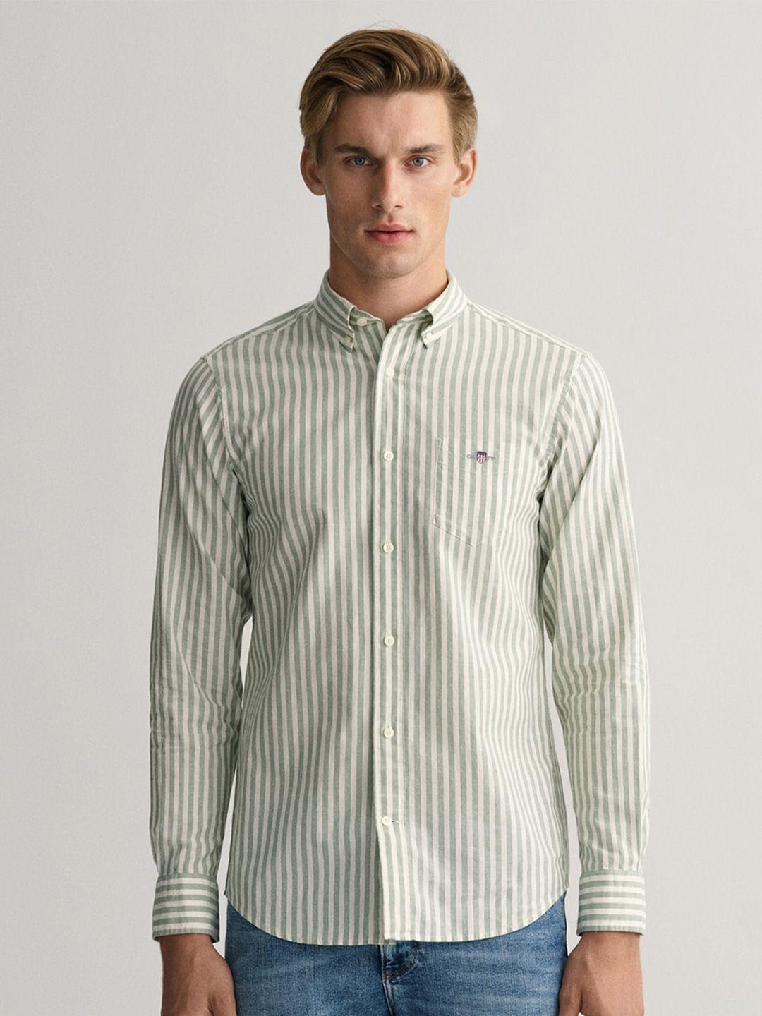 gant classic opaque striped button down collar cotton linen casual shirt