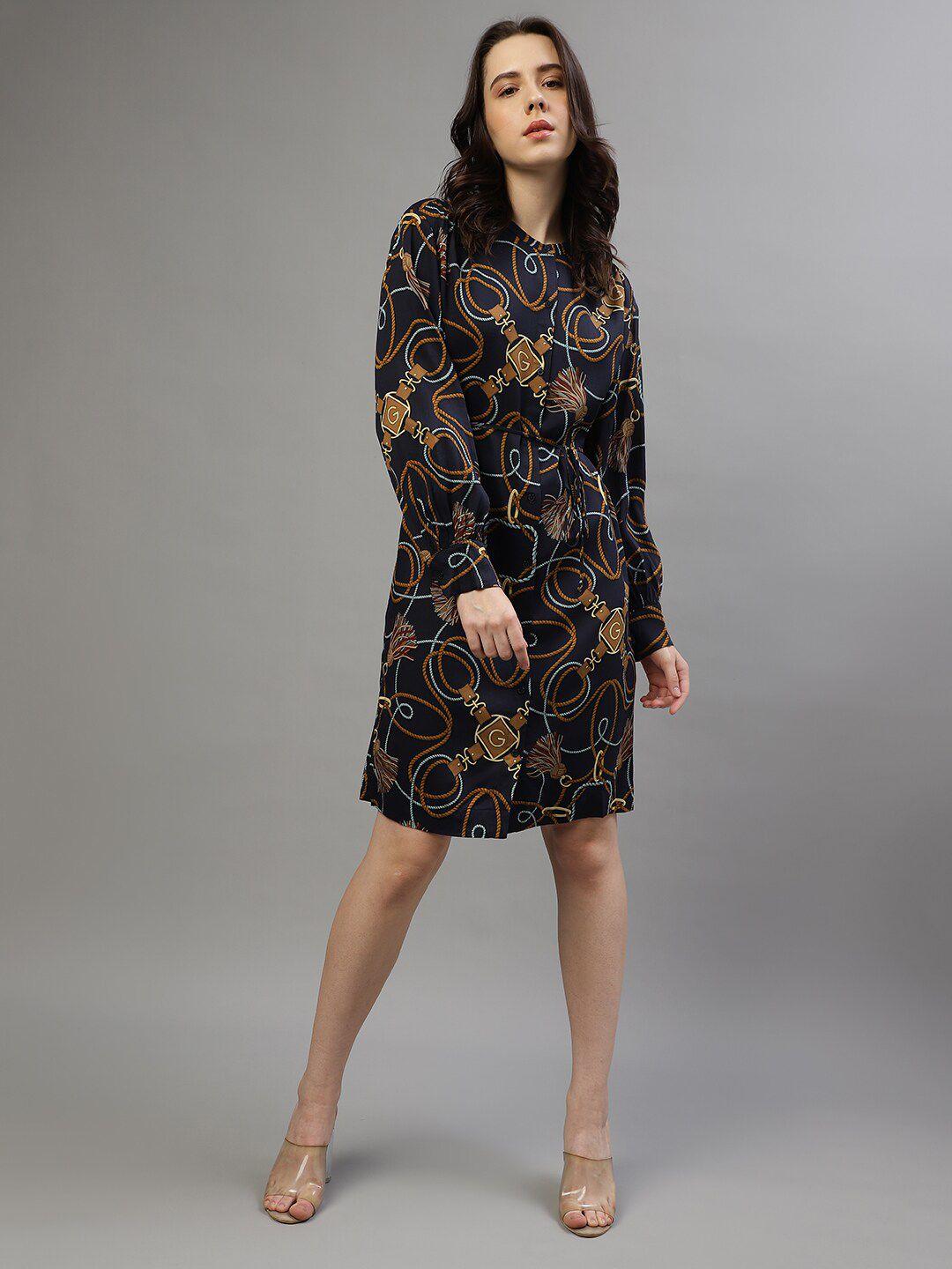 gant conversational printed mandarin collar cuffed sleeves belted shirt dress