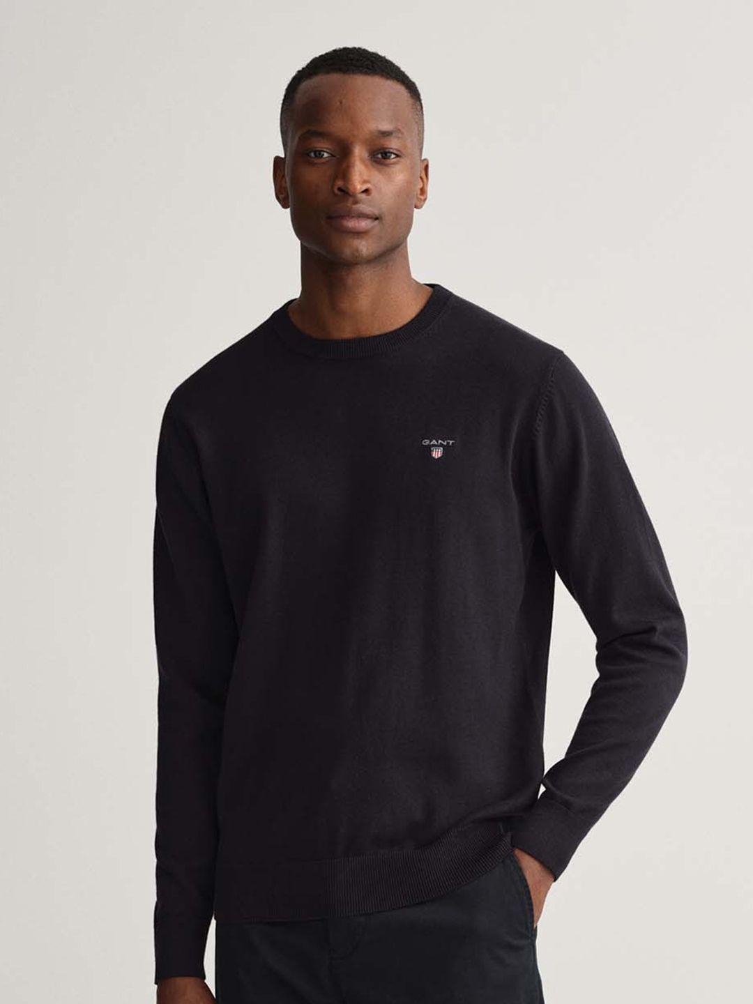 gant men black solid regular fit slip on long sleeves pullover