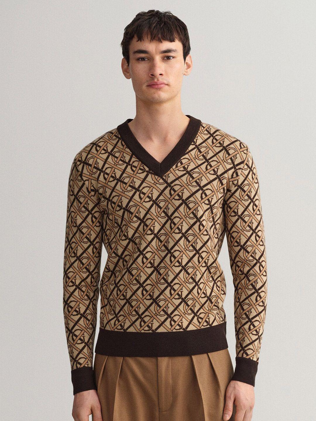 gant men brown & yellow checked printed pullover