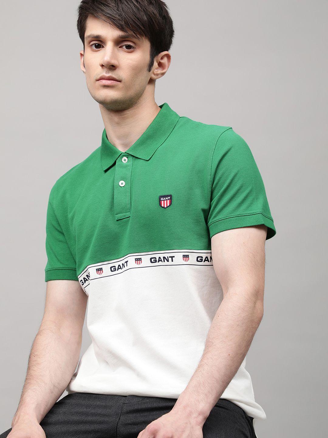 gant men green & white colourblocked polo collar cotton t-shirt