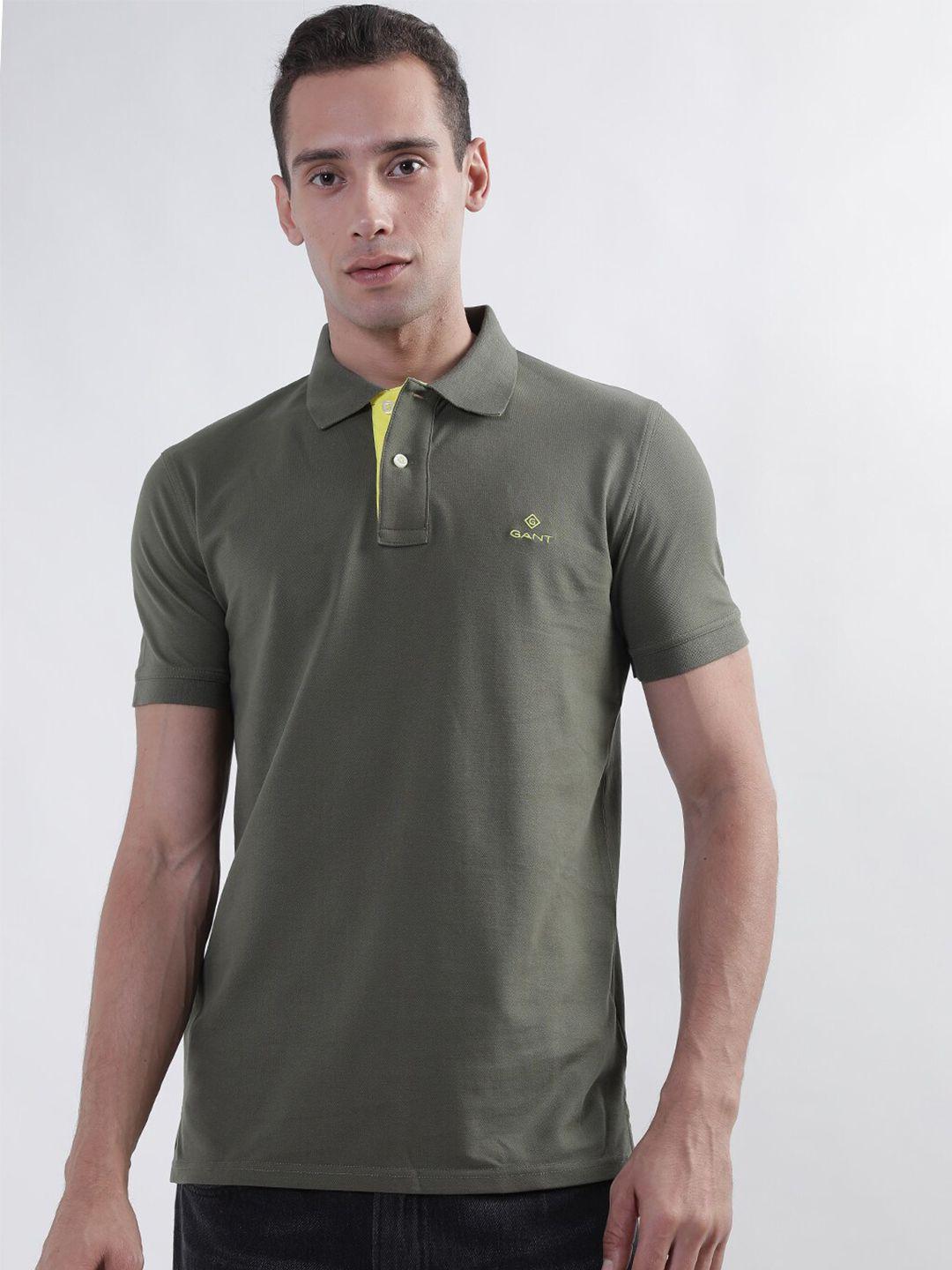 gant men green polo collar applique slim fit t-shirt