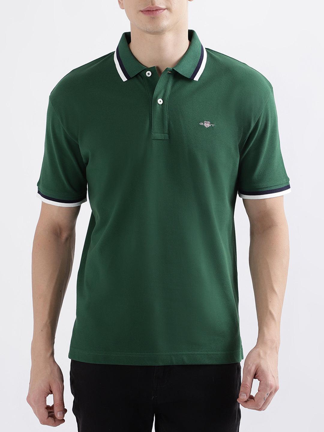 gant men green solid short sleeves polo tshirt