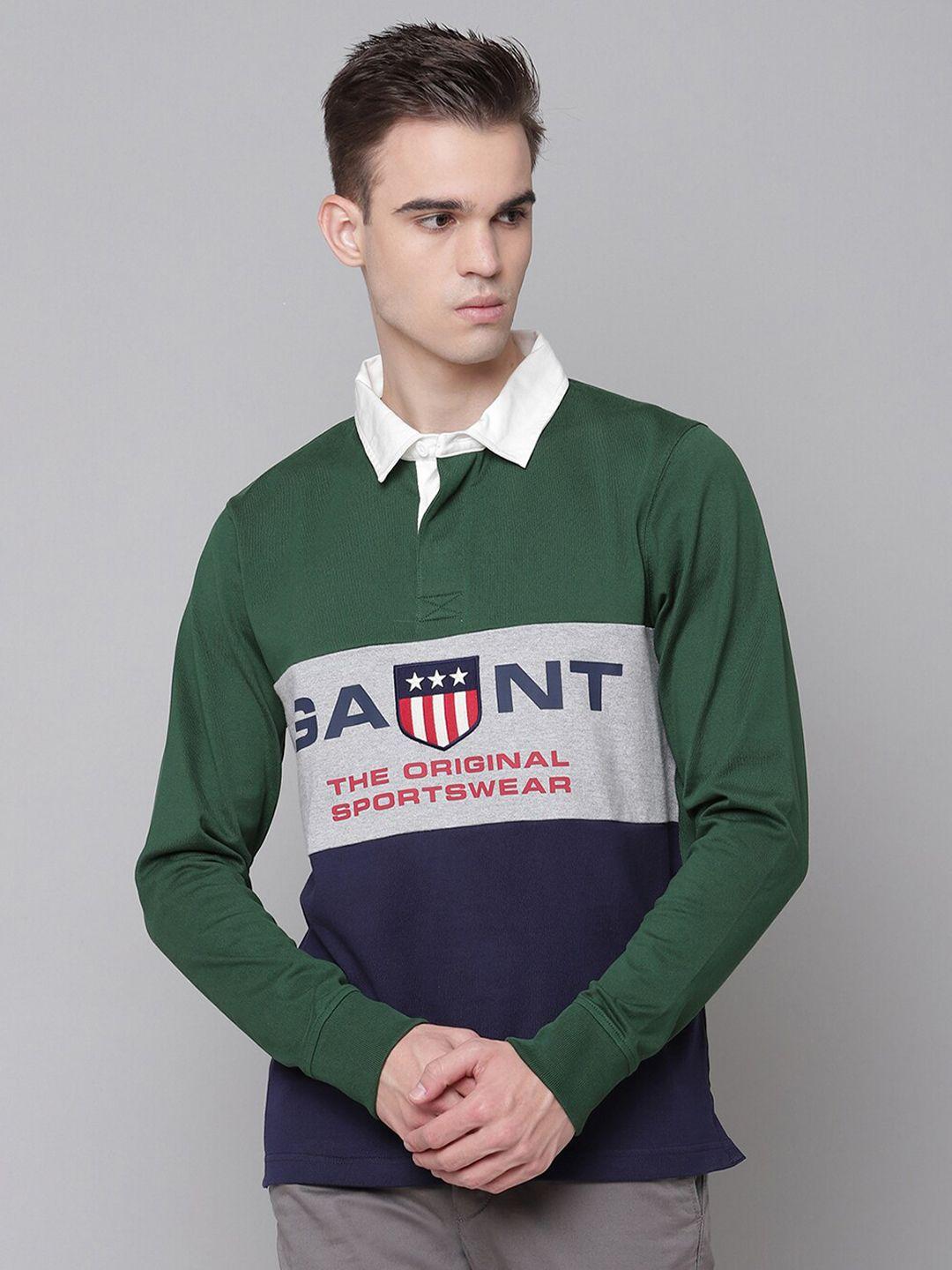 gant men green typography colourblocked polo collar t-shirt